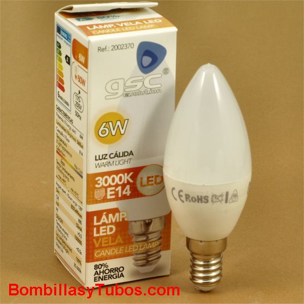 Pack de tres bombillas LED vela C37 E14 de 6W, luz fria 6000K acabado  blanco brillo