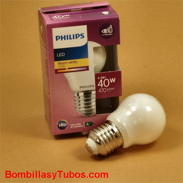 Philips bombilla led esferica E27 4,3w-40w 470 lumen calida 2700k